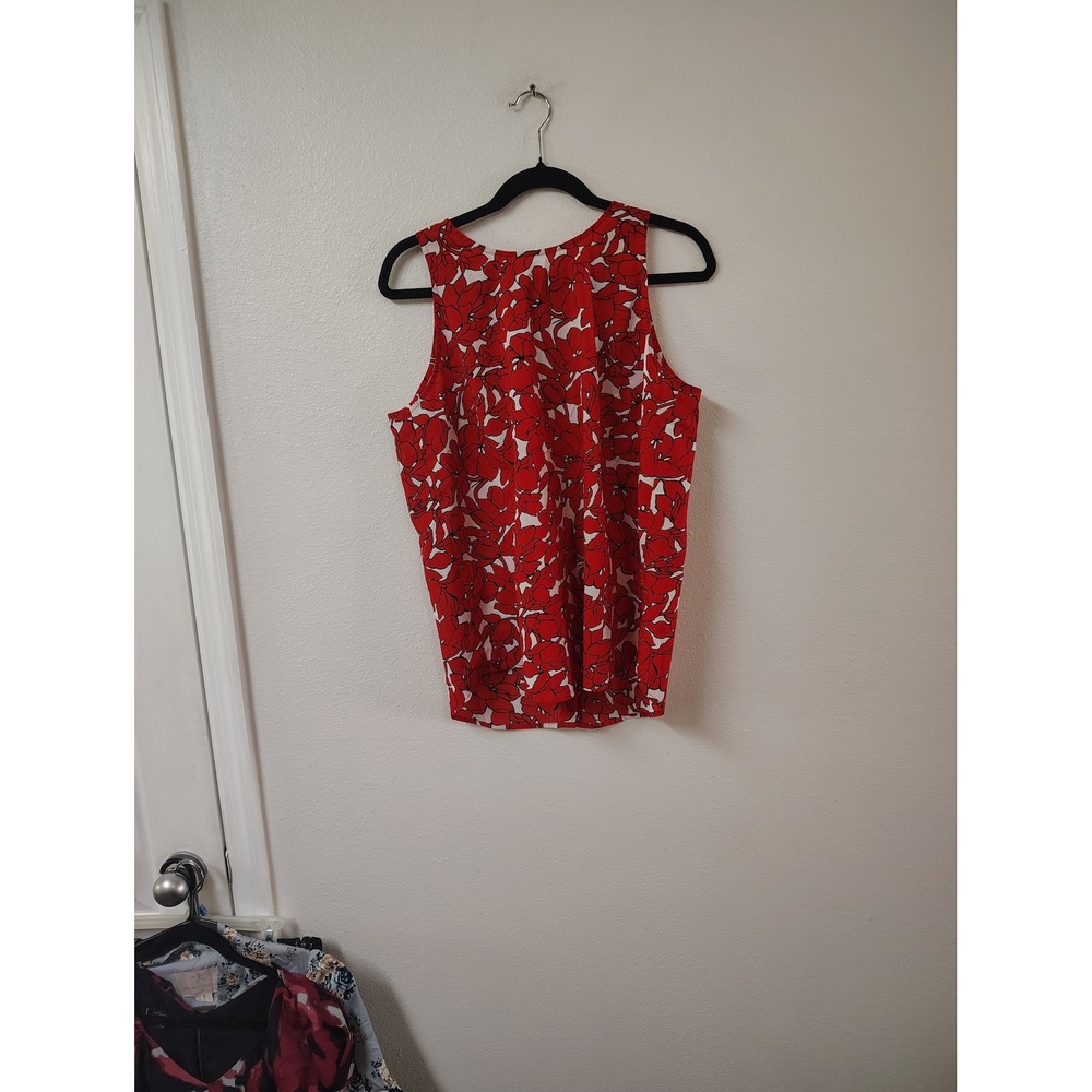 Dalia Womens Red White Floral Sleeveless Blouse Round Neck Keyhole Back Size L